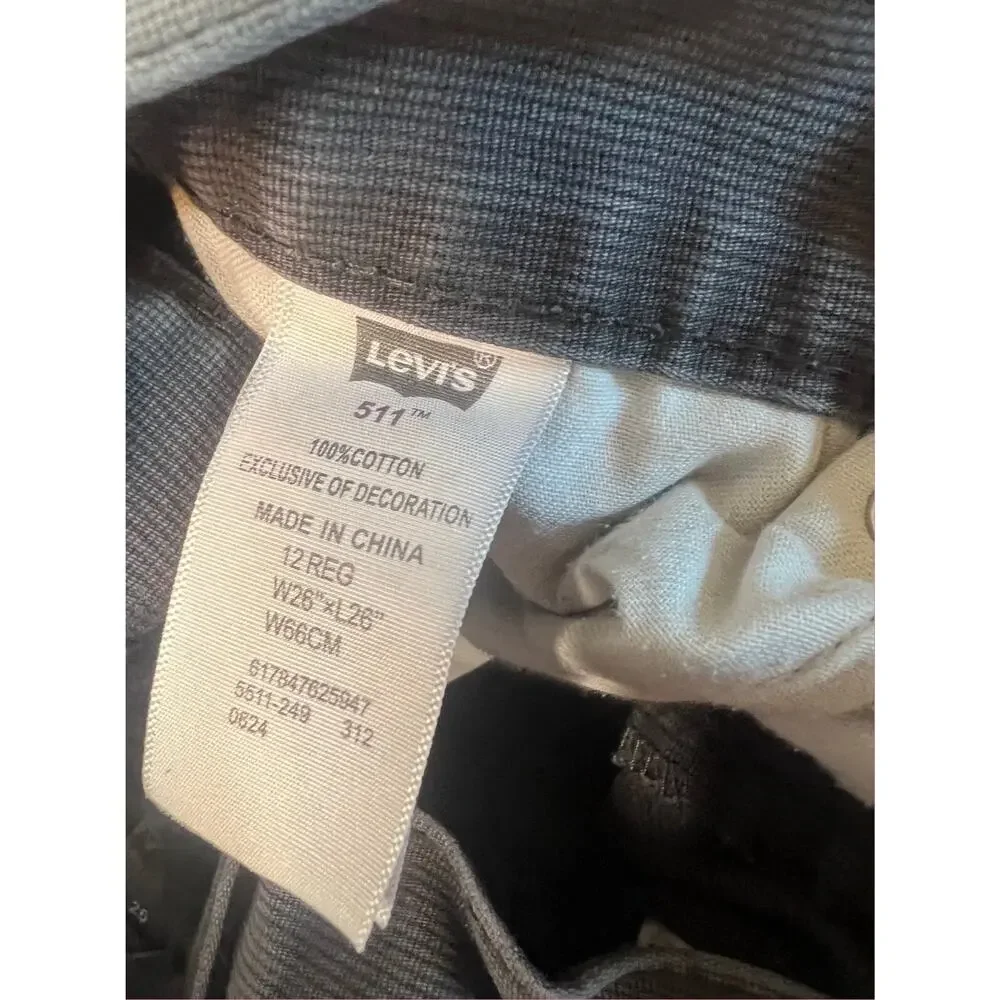 LEVI'S 511 Slim Fit Jeans, Corduroy, Dark Gray, 100% Cotton| Size: 12R, 26x26